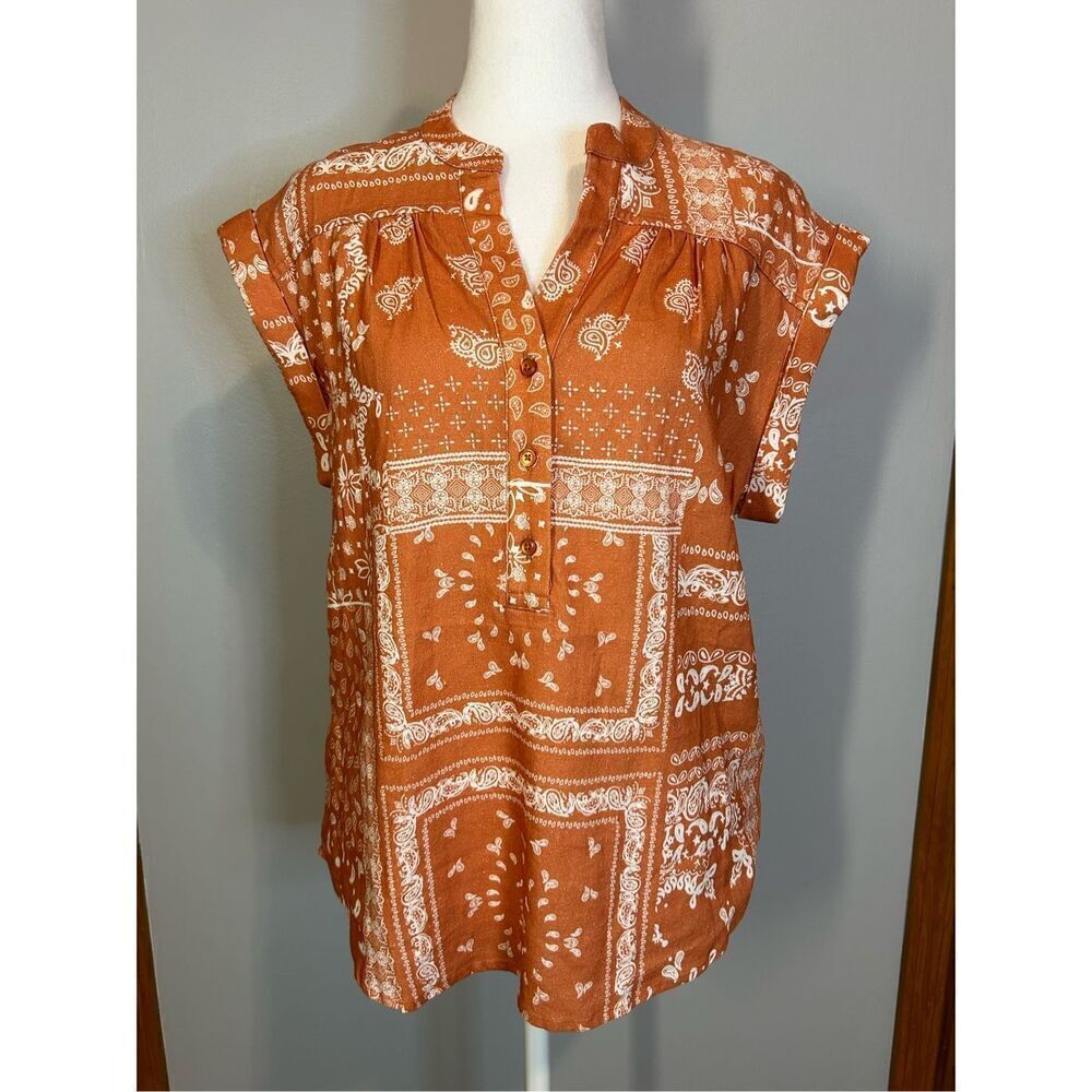 RACHEL Rachel Roy Rust Orange and White Bandana Print Cap Sleeve Blouse